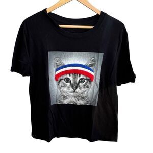 🌴 Zoe + Liv Black Kitten Graphic Tee XS Red White Blue Chenille Headband Detail